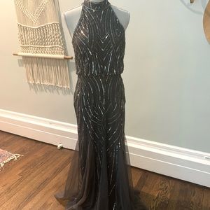 Adrianna Papell Platinum 40224 Gun metal with silver gown size 6